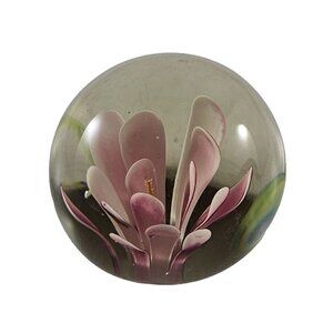 Vintage Art Glass Pink Flower Paperweight Small 2"